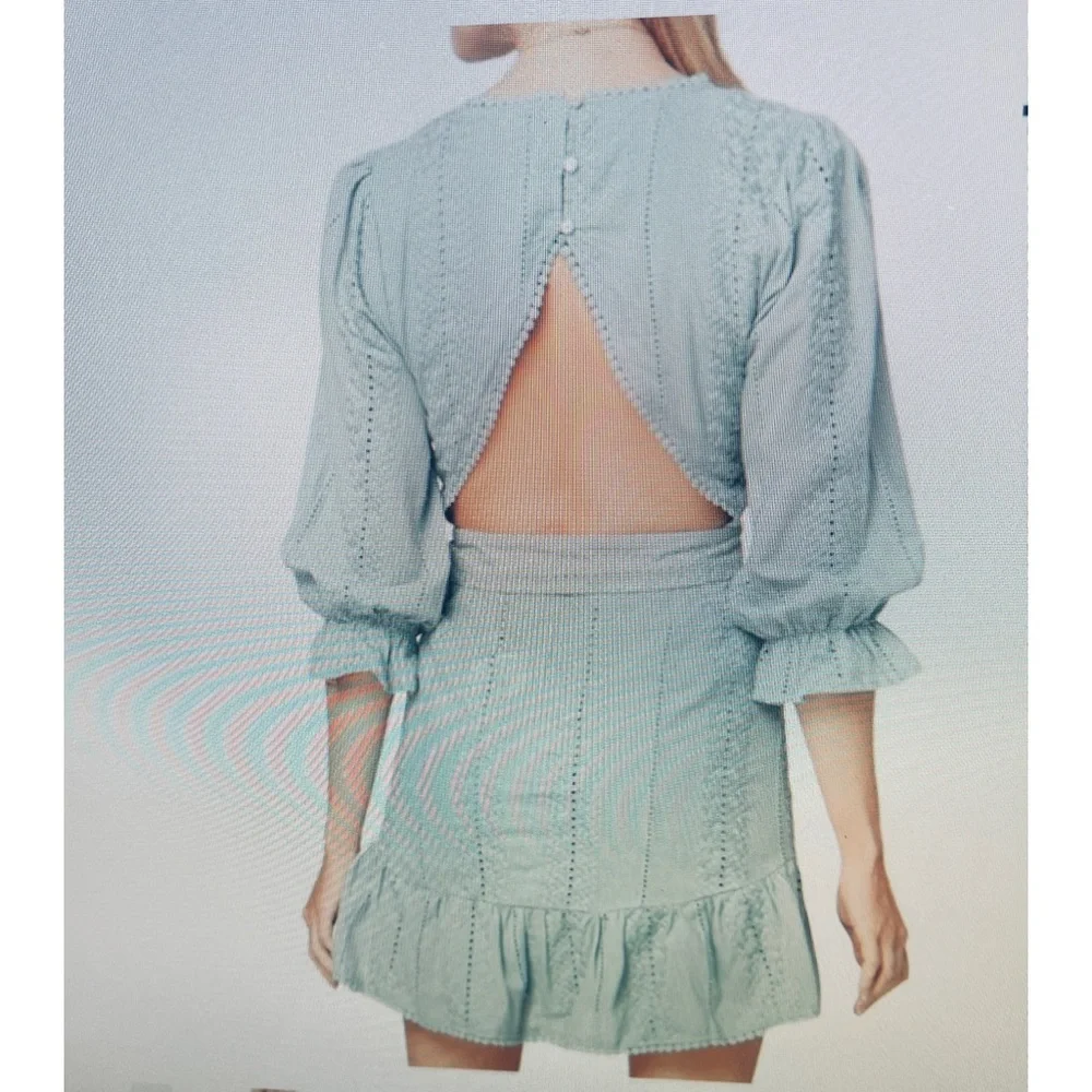 Eyelet Backless Mini Dress w/ round neckline and puff sleeves. Teal color - Picture 4 of 8